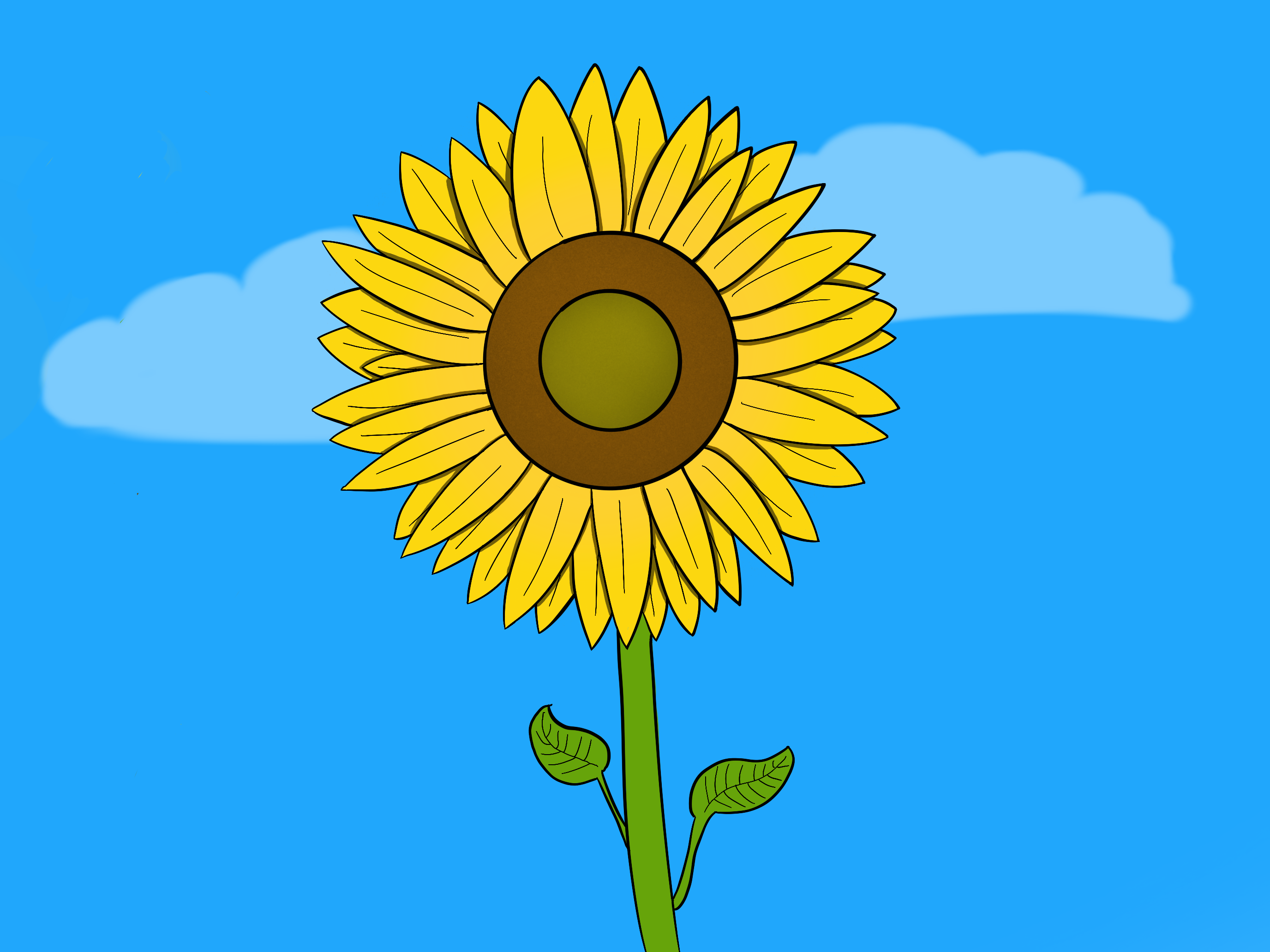 An illustrated sunflower. It has mostly flat colors with two leaves on the stem. There is a blue background with faded white clouds in the background