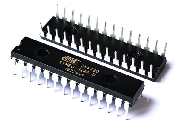 An ATMega328P microcontroller. Its about a centimeter wide and a few inches long with .1 inch spaced pins along each of the sides.