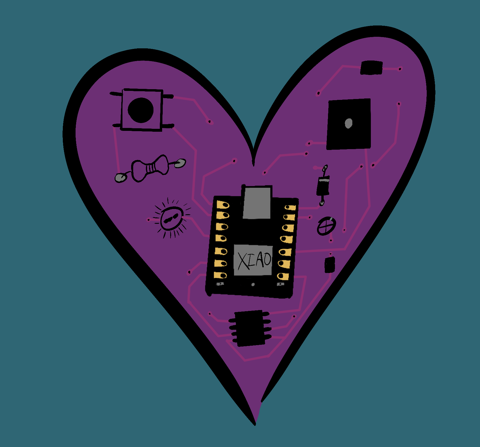 Drawn circuit board heart with a Seeed Studio XIAO in the core of it.